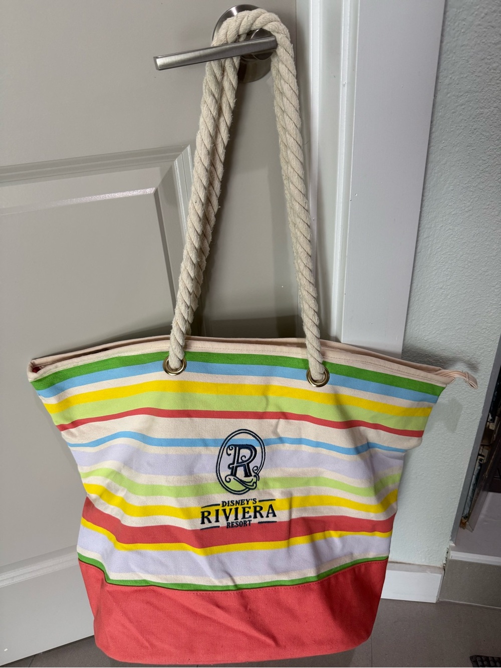 Disney Multicolor Striped Canvas Tote with Coral Base and Rope Handles